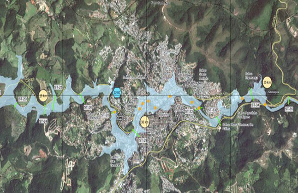 Mapa simula caminho dos rejeitos em caso de rompimento das barragens Forquilha I, II e III — Foto: Ministério Público/Divulgação