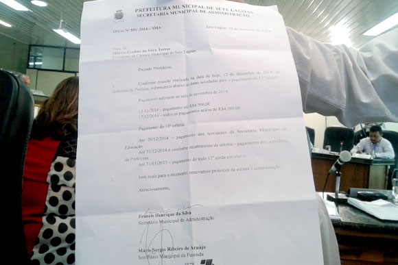 Ofício enviado à Câmara informando data de acerto de salários e 13° do funcionalismo / Foto: Marcelo Paiva