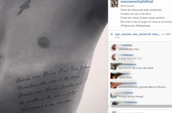 Nova tatuagem que Marcos Rocha fez que continha erro de português / Foto: Divulgação
