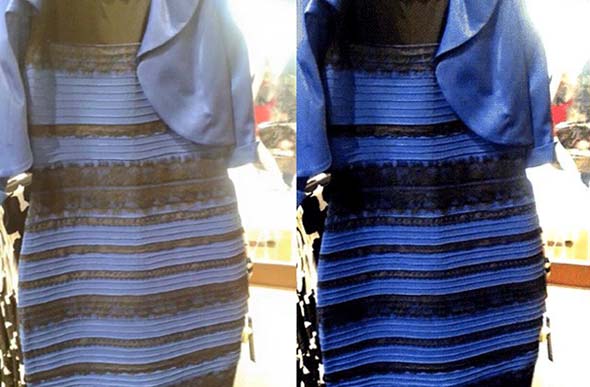 Vestido que causou polemica por sua cor. A cor verdadeira é azul e preto, mas dependendo de quem o vê, interpretava-o como branco e dourado / Foto: revistaglomour.globo.com