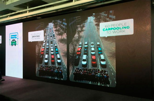 Foto: Patricia Gnipper/Canaltech/ À esquerda, a quantidade de carros para transportar 60 pessoas, uma por veículo. À direita, a quantidade de veículos transportando a mesma quantidade de pessoas, porém de maneira compartilhada.
