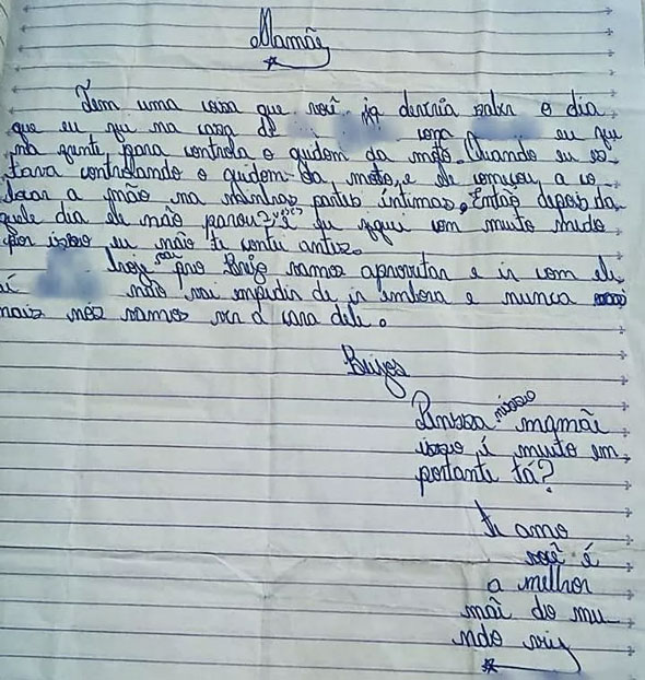Foto: Polícia Civil/ Divulgação/ Carta foi entregue à mãe na última segunda (10) e será usada como documento em um inquérito da PC