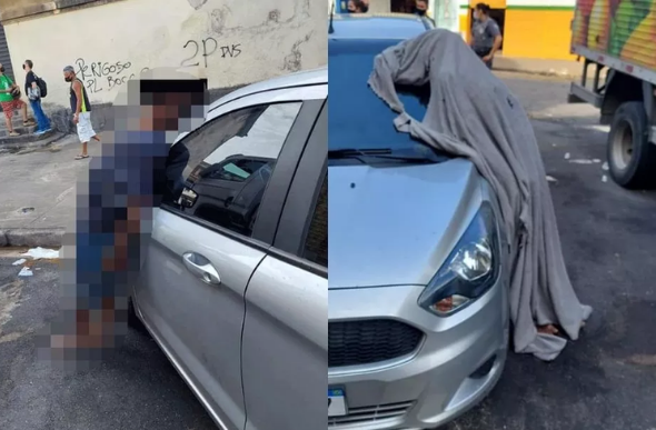 Homem foi encontrado morto em pé, encostado em um carro em Santos, SP — Foto: Reprodução