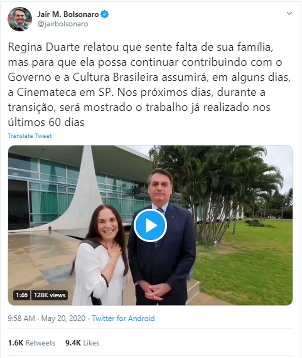 Publicação em rede social do presidente Jair Bolsonaro em que ele anuncia saída de Regina Duarte do comando da Secretaria de Cultura./ Foto: Rede Social