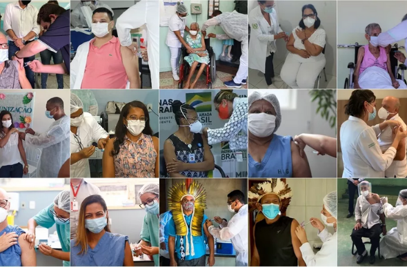 Fotos de pessoas que receberam as primeiras doses da vacina contra a Covid-19 em Minas Gerais, ainda em janeiro. — Foto: Arquivo G1