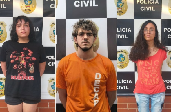 Enzo Jacomini, Jeferson Rodrigues e Raíssa Borges foram presos suspeitos de matar amiga em Goiânia — Foto: Reprodução/TV Anhanguera