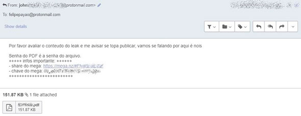 Primeiro contato do hacker enviando os 40 GB de dados