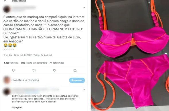 Mulher está compra biquíni e marido acha que clonaram o cartão e gastaram em bordel — Foto: Reprodução/Twitter