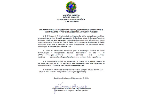 Foto: Aviso para contratação/4º GAAAe.