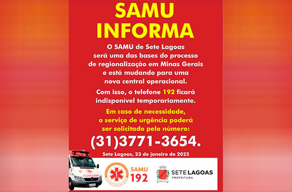Foto: SAMU/Prefeitura de Sete Lagoas