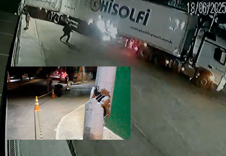 Carreta, ao fazer conversão, acaba danificando estrutura / Foto montagem: CFTV / cedidas ao SeteLagoas.com.br